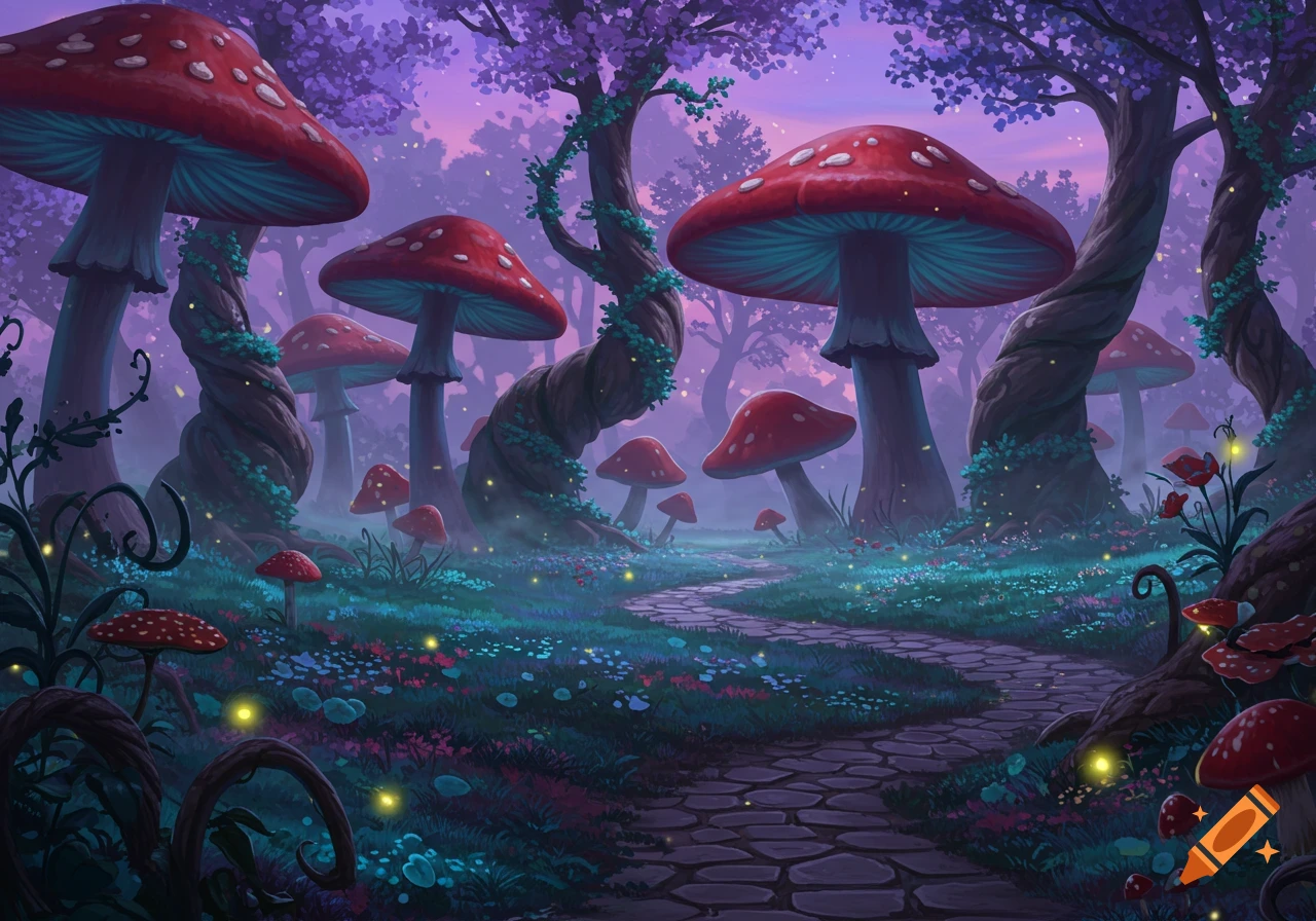 Whimsical fantasy art of a forest path winding through giant red mushrooms, glowing fireflies, and twisted purple trees.