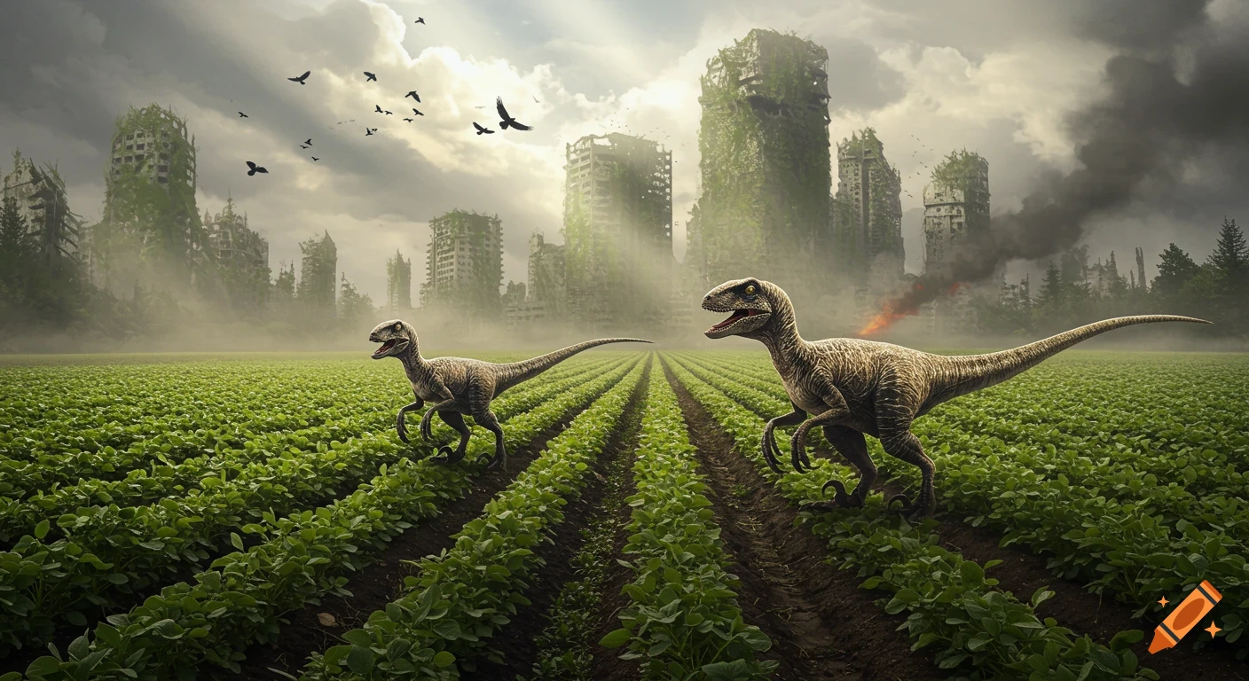 Hyperrealistic velociraptors run through a soybean field. An overgrown, ruined apocalyptic city with smoke is in the background.