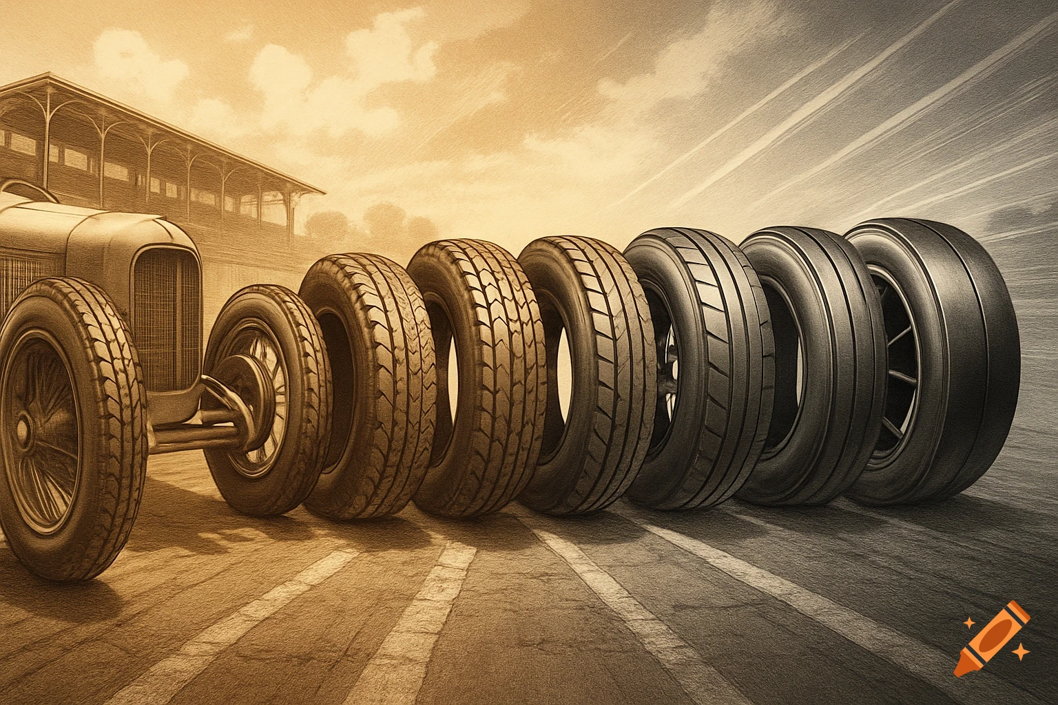 A sepia-toned sketch depicting an antique race car on a track, alongside a visual progression of racing tire designs.
