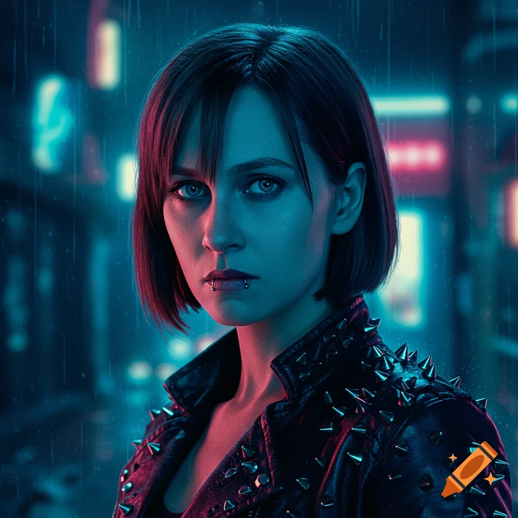 A stoic woman with a lip piercing and short dark hair wears a studded leather jacket against a neon-lit, cyberpunk city background.