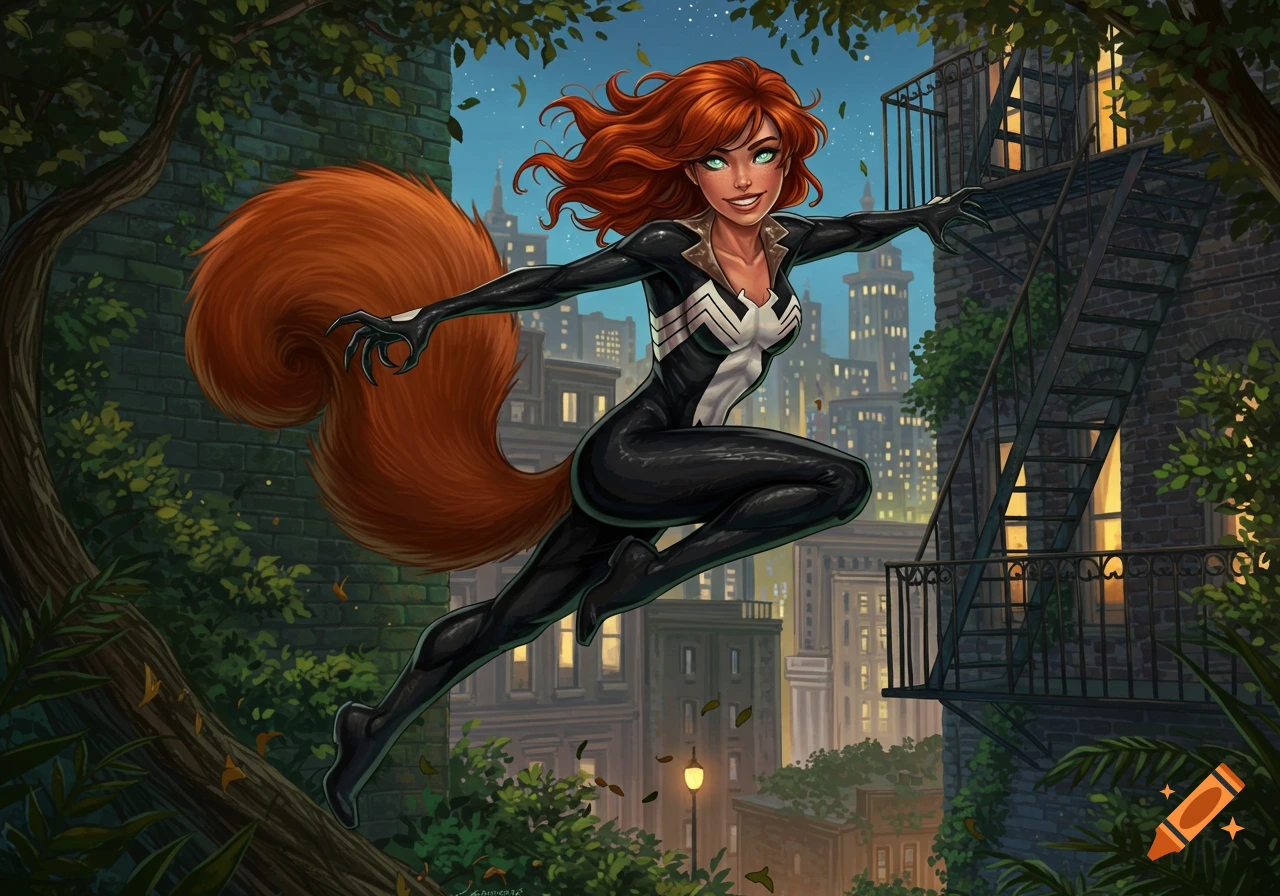 Comic illustration of Squirrel Girl in a black and white symbiote suit leaping over a city skyline at dusk, framed by trees.