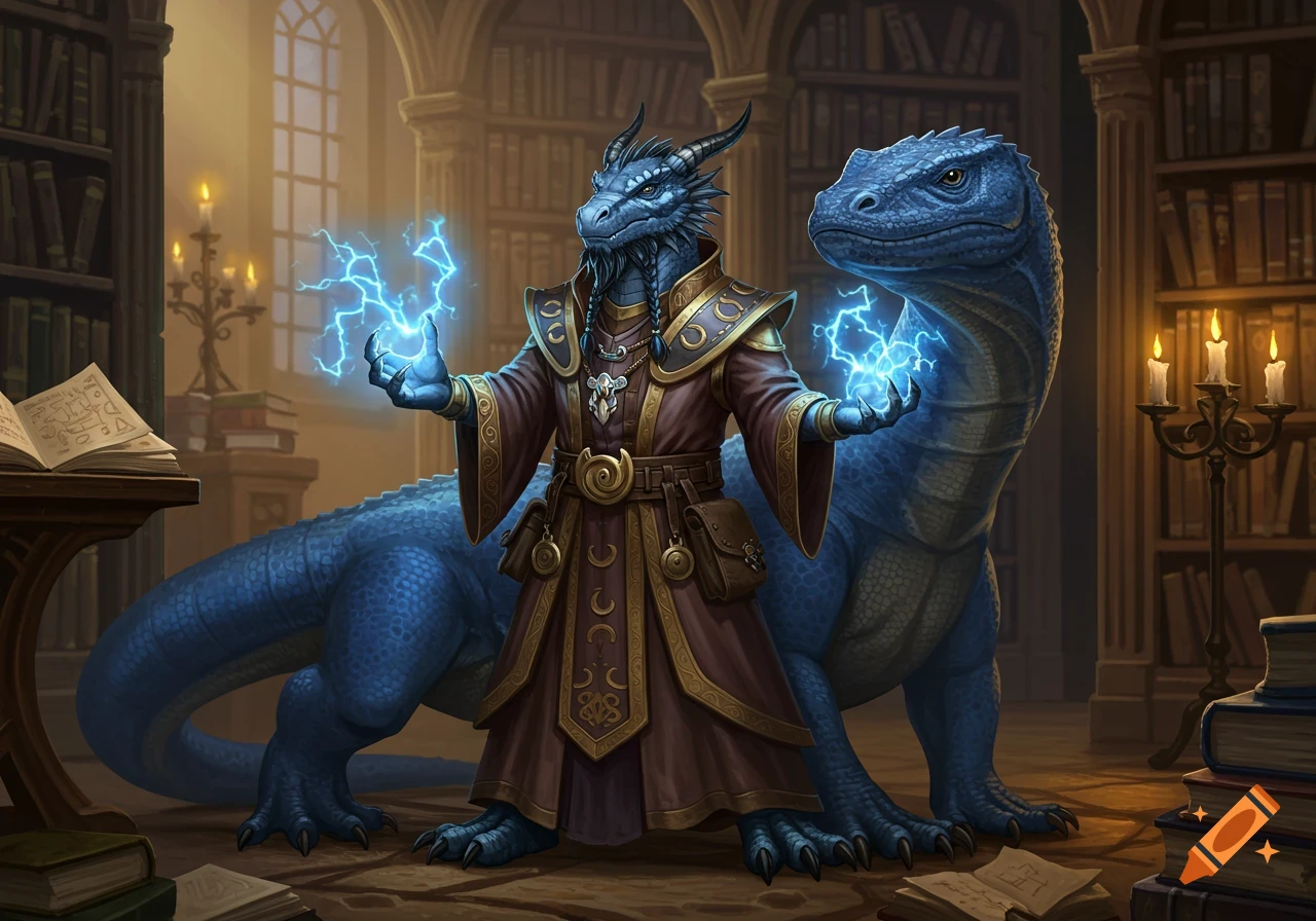 A blue dragonborn wizard with horns and a scaled beard casts lightning spells in a library with a large blue lizard next to him.