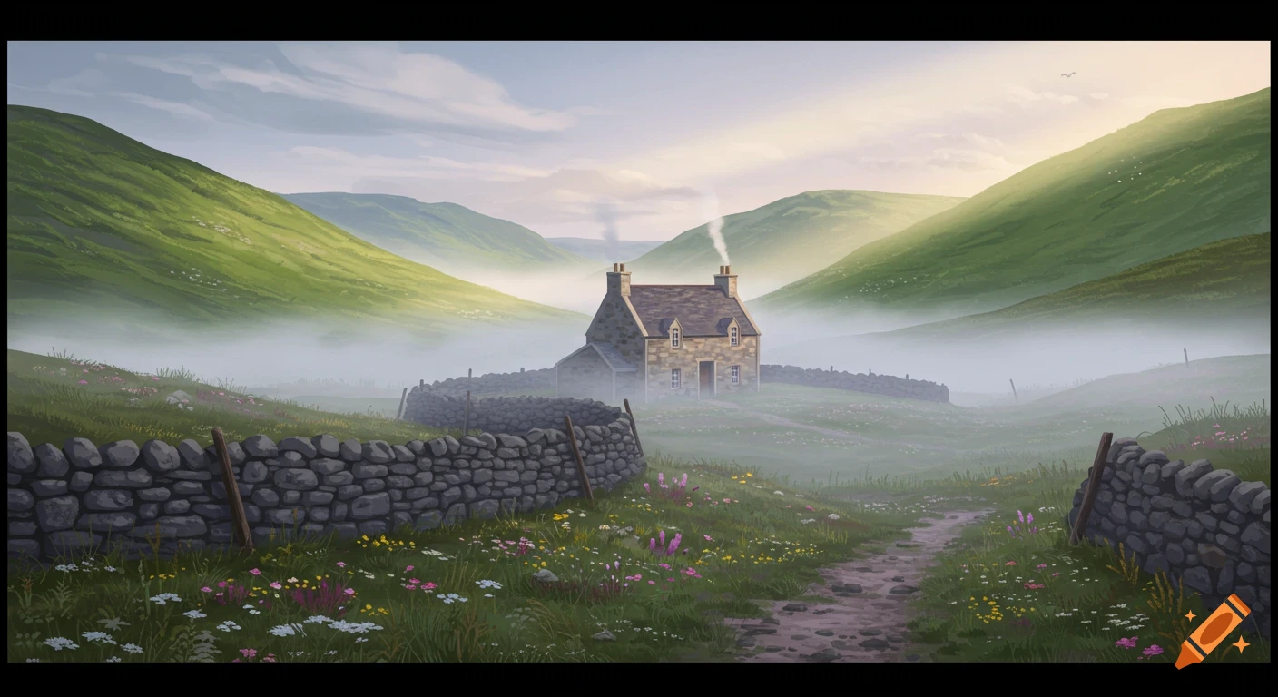 Illustration of a misty Scottish landscape with a stone cottage, dry stone walls, wildflowers, and rolling green hills.