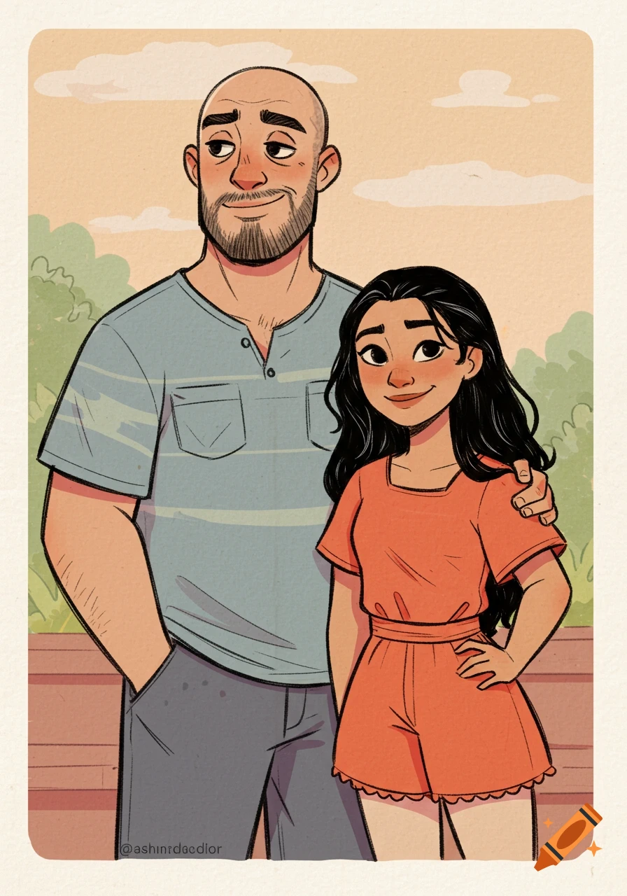 Smiling cartoon couple, a bald man with a beard and a woman with long dark hair, standing outdoors in a modern vintage illustration style.