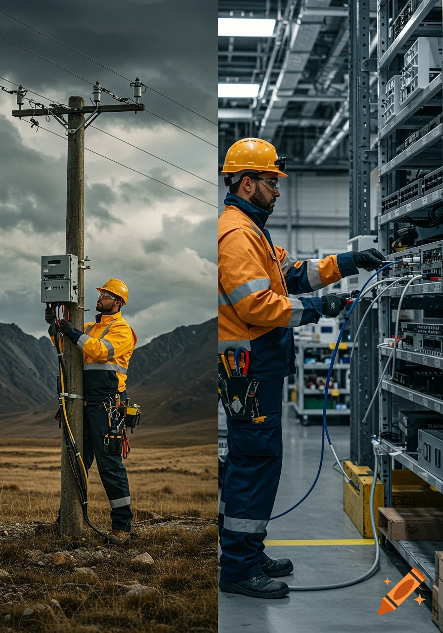 A split image shows two workers in hard hats and safety gear: one outdoors on a telephone pole, the other in a server room.
