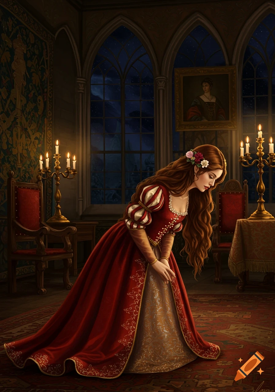 Digital painting of a Renaissance maiden with long brown hair bowing in a candlelit grand hall at night.