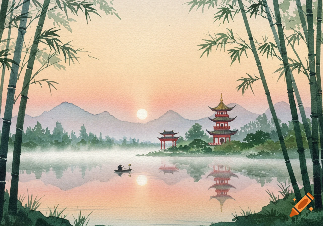 Watercolor of an Asian landscape with bamboo, pagodas, and a boat on a misty lake at sunrise, framed by mountains.