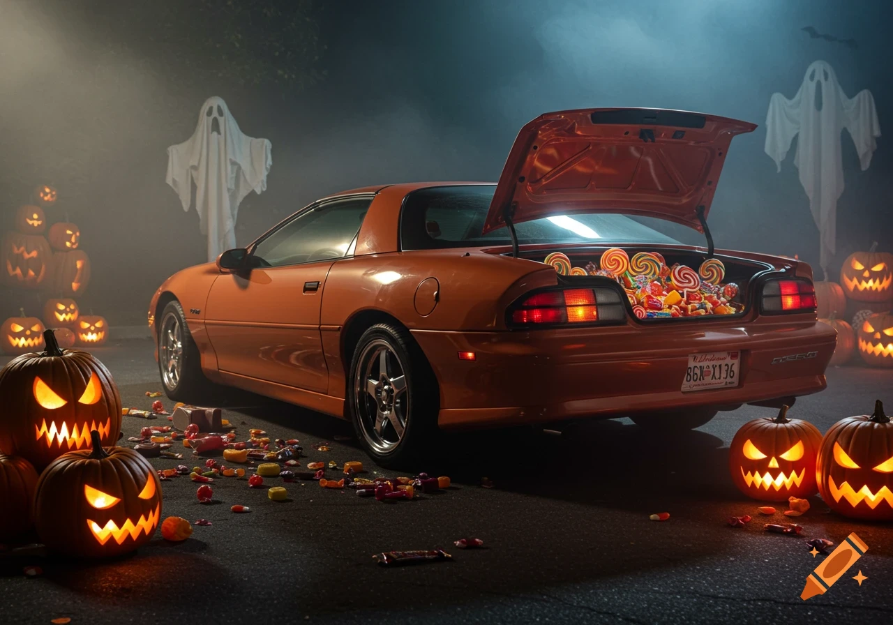 An orange Chevrolet Camaro SS with its trunk open, full of Halloween candy, surrounded by glowing jack-o'-lanterns, ghosts, and fog in a dimly lit lot. Photorealistic style.