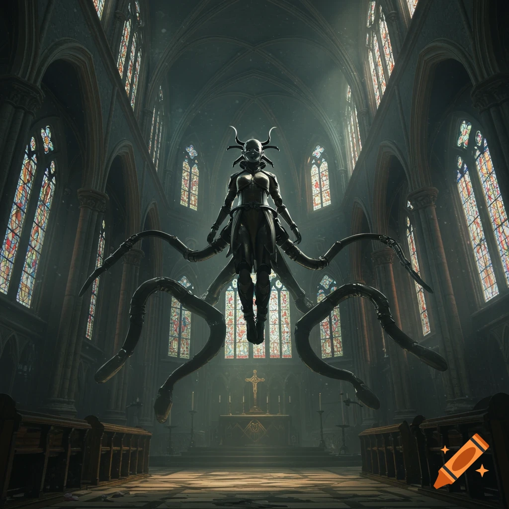 A masked techno-priestess with tentacles floats in a dark, gothic cathedral with stained glass windows, evoking mystical horror.