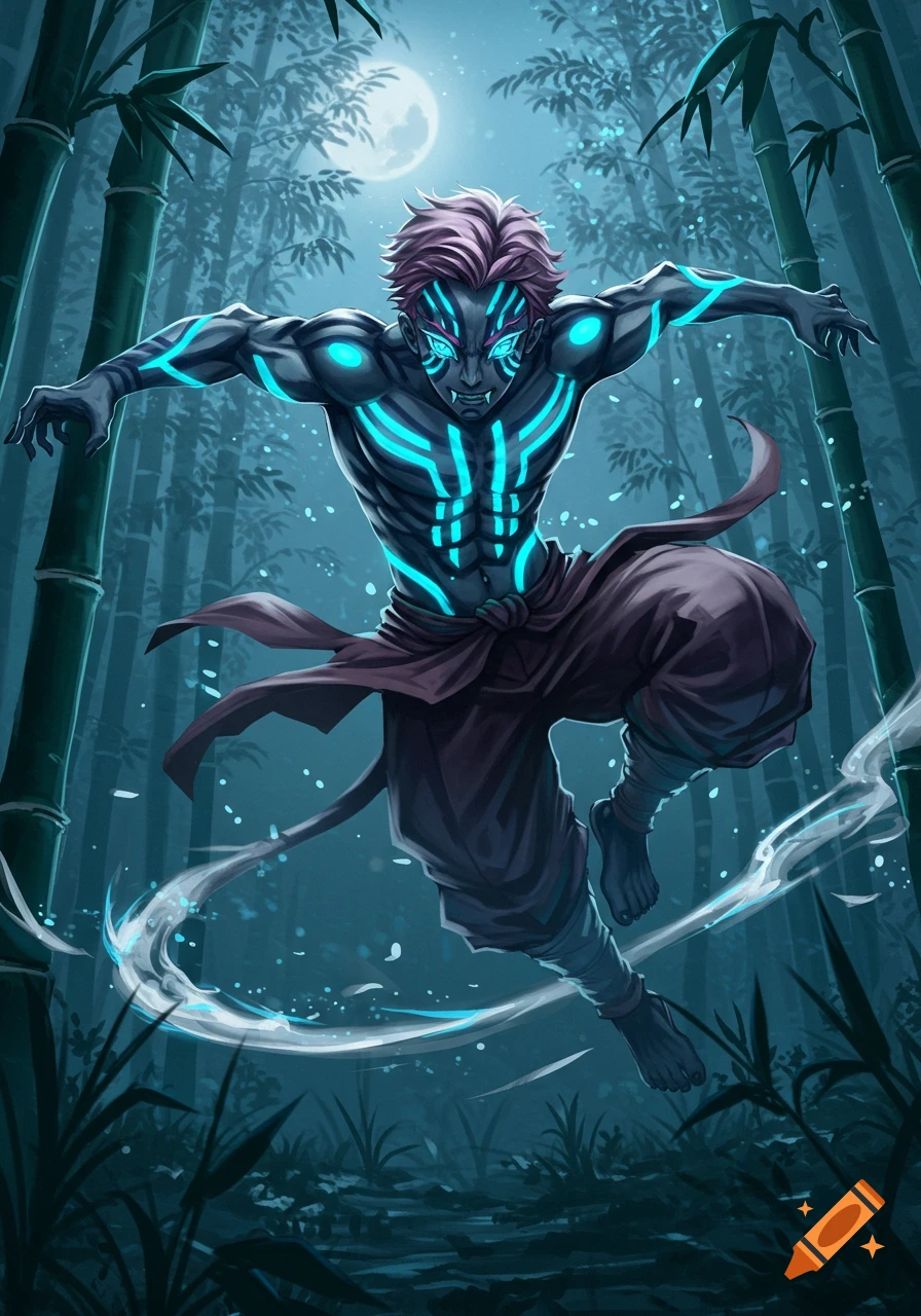 Anime illustration of a muscular man with glowing blue markings leaping in a dark bamboo forest under a full moon.