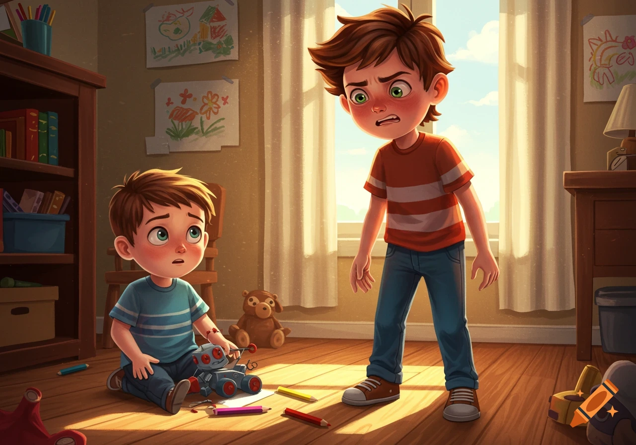 An angry cartoon boy glares down at a smaller, sad boy sitting on the floor with a broken robot toy and crayons in a child's room.