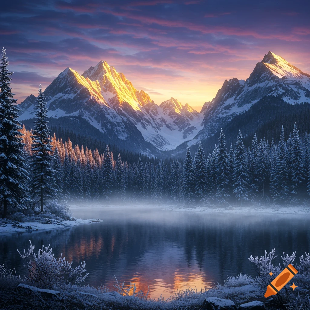 A photorealistic winter mountain landscape at sunrise with snow-covered peaks, pine trees, and a calm lake reflecting the sky.
