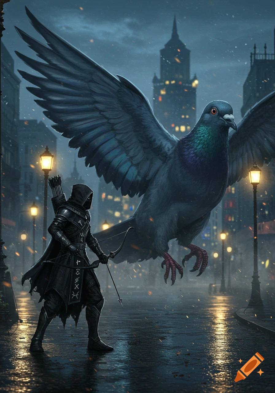 A hooded archer aims a bow at a giant pigeon in a rainy city street at night, illuminated by lampposts.