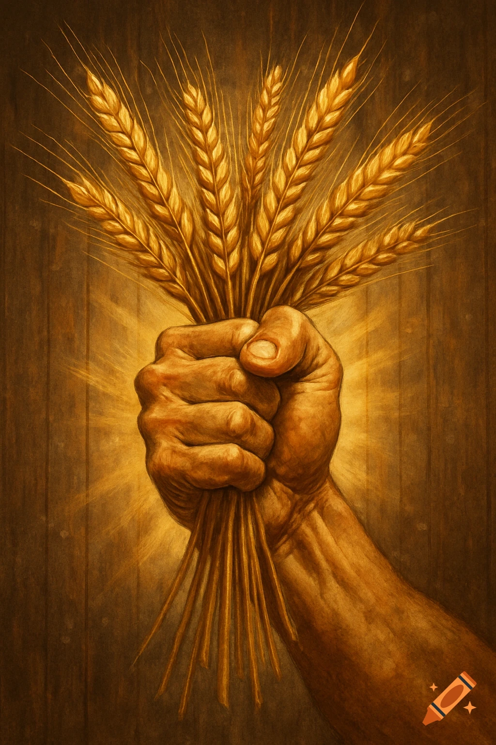 A strong hand firmly grasps a bundle of golden wheat stalks against a warm, sunlit wooden background in a stylized painting.
