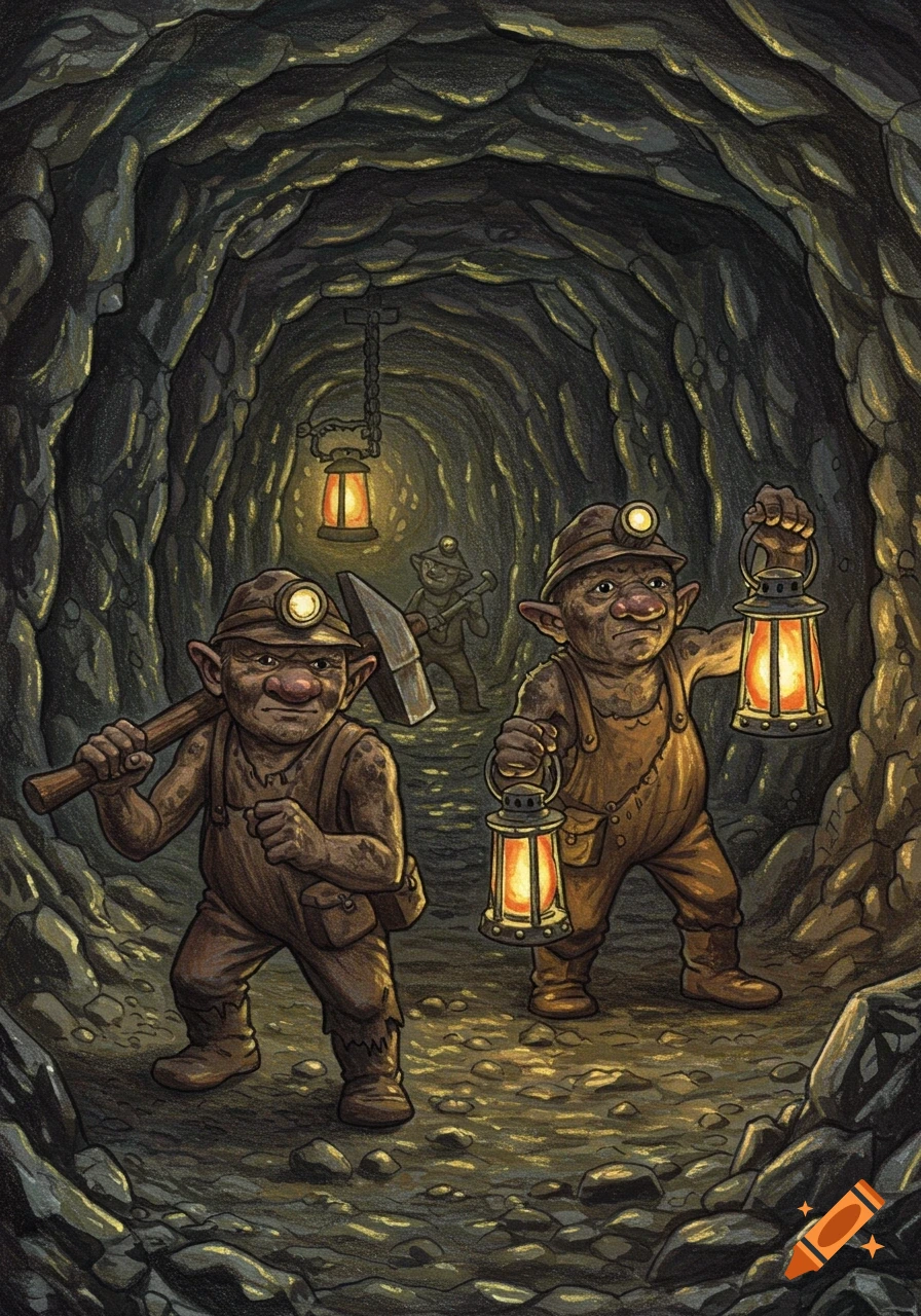 Colored pencil illustration of small, earthy goblin-like miners with lanterns and picks in a dark mine tunnel.