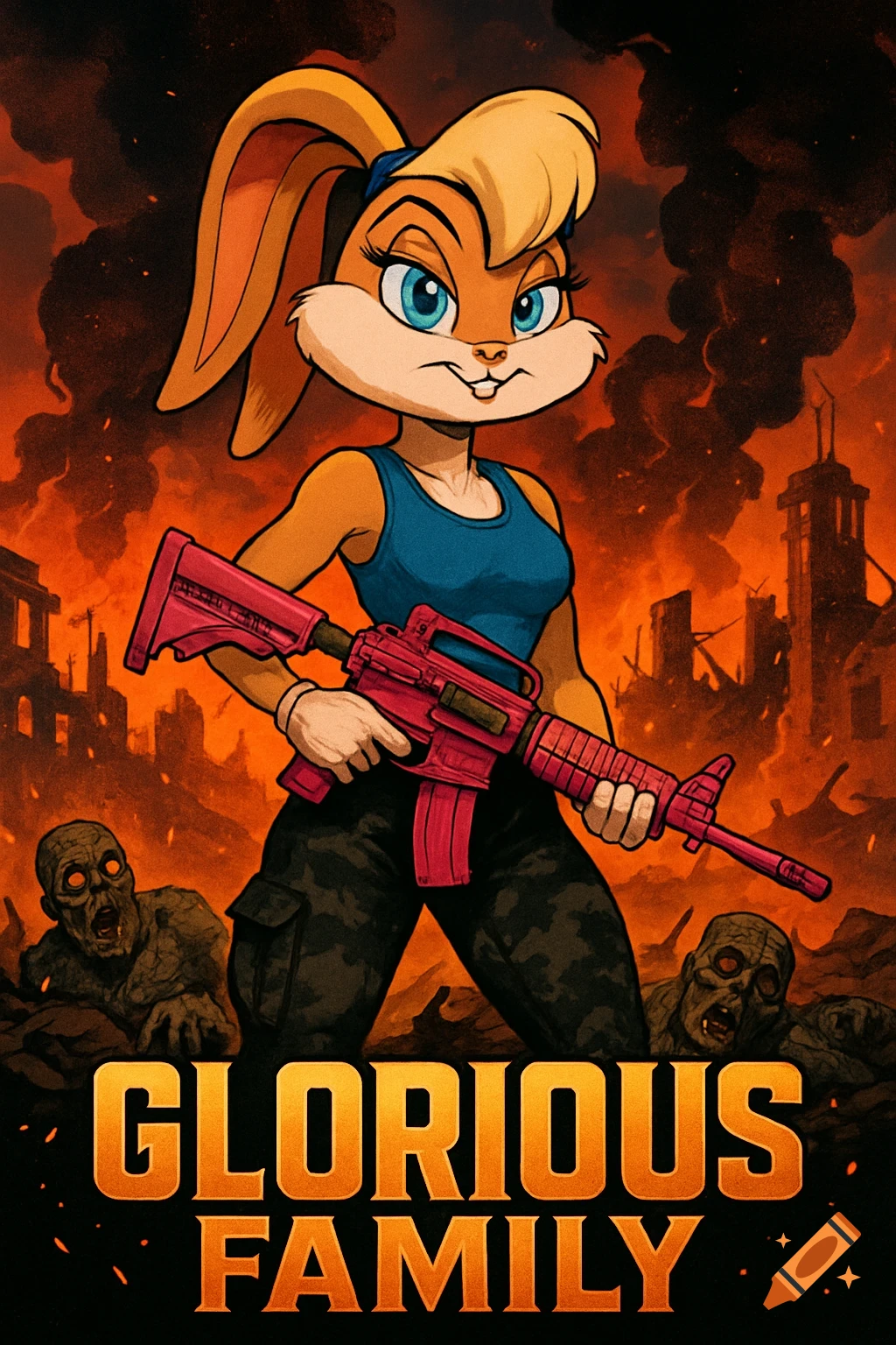 Cartoon Lola Bunny in a tank top and camo pants holds a pink assault rifle amidst burning ruins and zombies, with 'GLORIOUS FAMILY' text.
