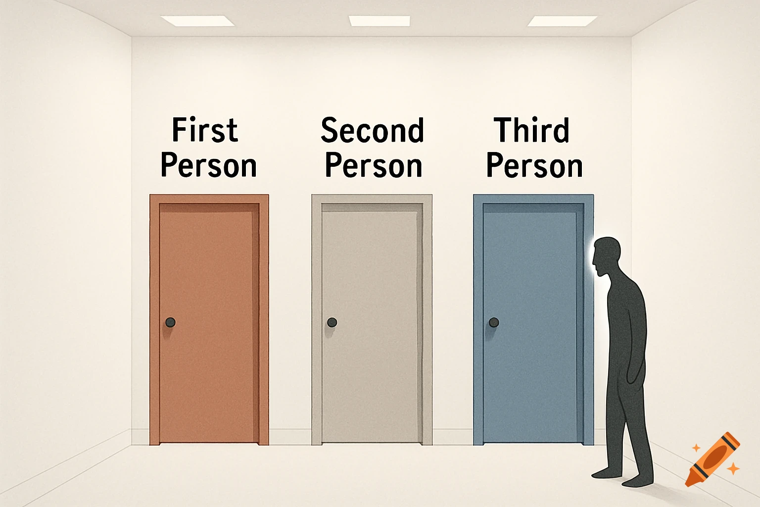 A simple diagram shows three doors labeled First Person, Second Person, Third Person, with a person standing by the Third Person door.