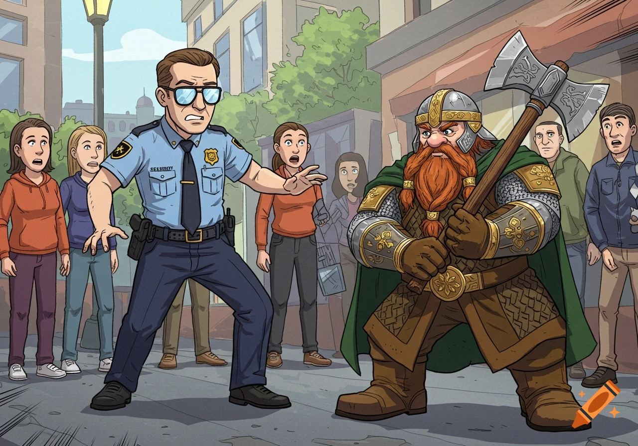 A cartoon security guard confronts a heavily armored fantasy dwarf holding a large axe in a city street, as shocked onlookers watch.
