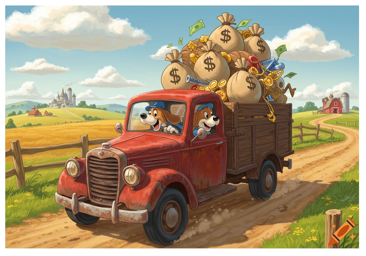 Two cartoon beagle dogs drive a red truck overflowing with money bags and treasure down a dirt road in a sunny countryside.