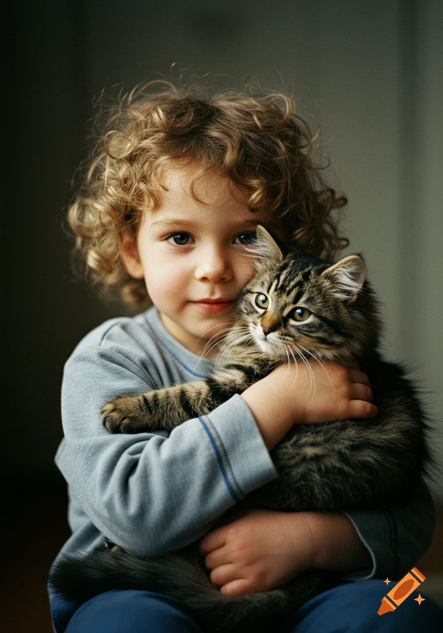 Young boy with curly hair holds a tabby cat, looking at the camera in a soft focus, grainy retro photo.