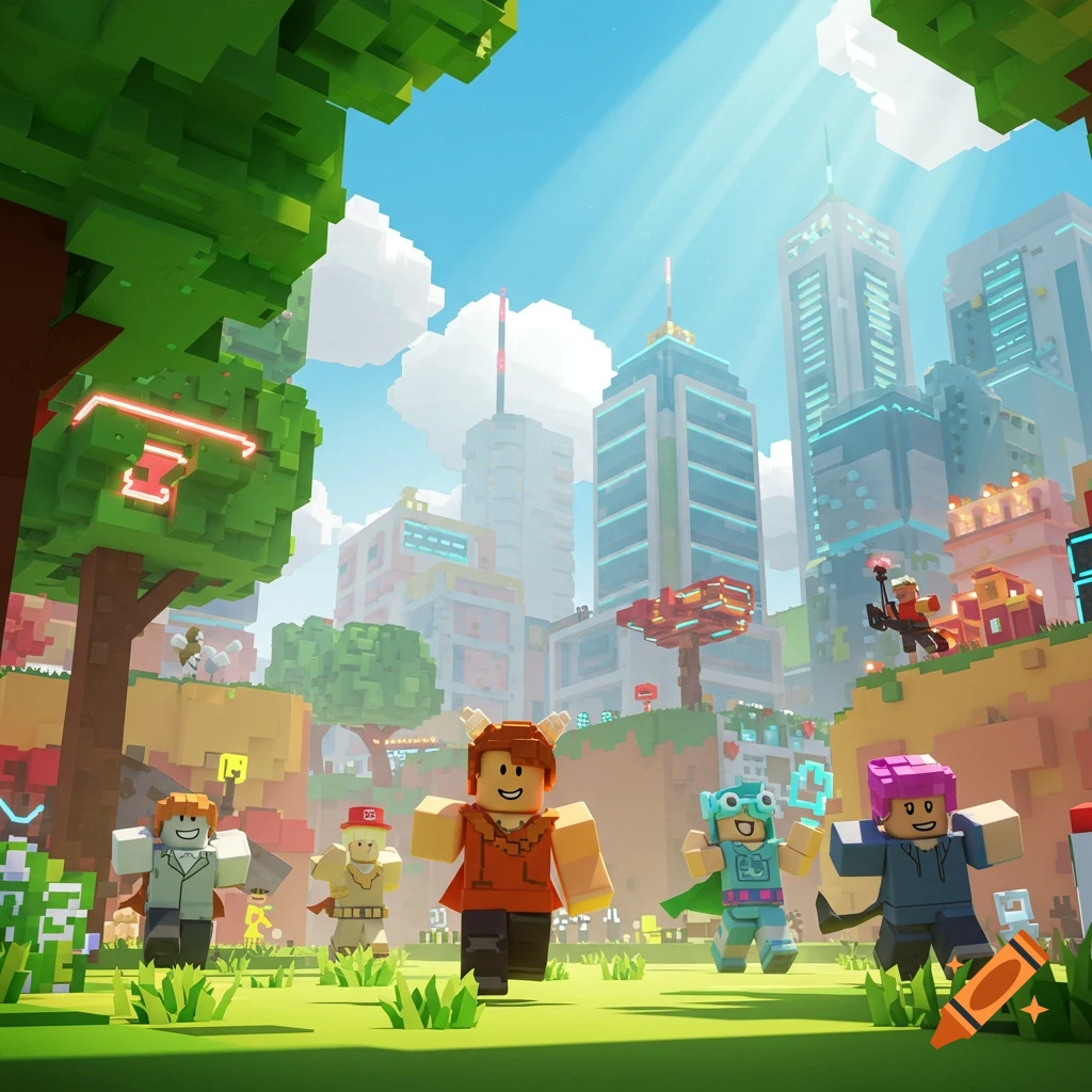 Blocky characters run through a vibrant voxel art city with skyscrapers and green trees under a bright blue sky.