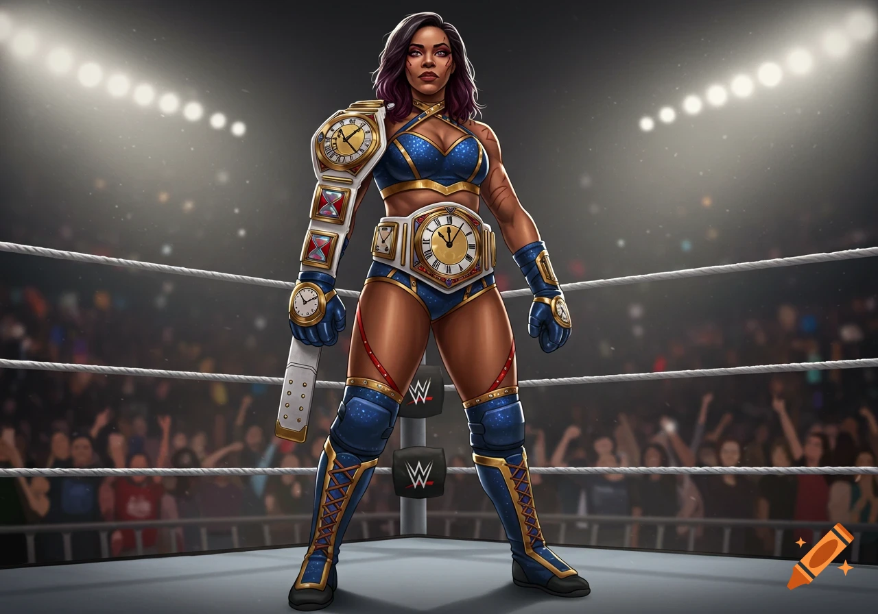 A female wrestler in a blue and gold outfit with clock motifs holds a championship belt in a wrestling ring, under bright spotlights.