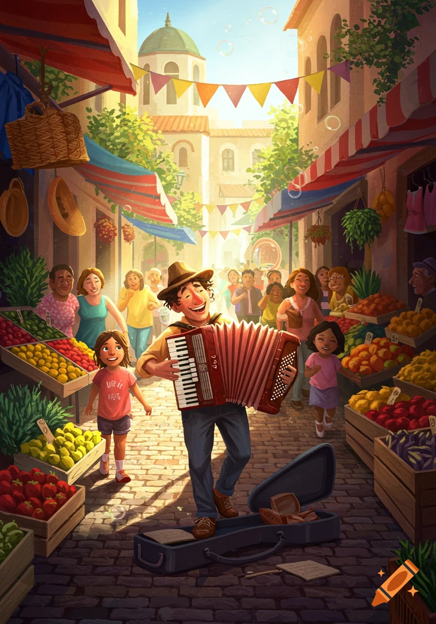 A happy street musician plays an accordion in a vibrant, sunlit street market, surrounded by people and colorful fruit stalls in an old European town. The illustration is bright and cheerful.
