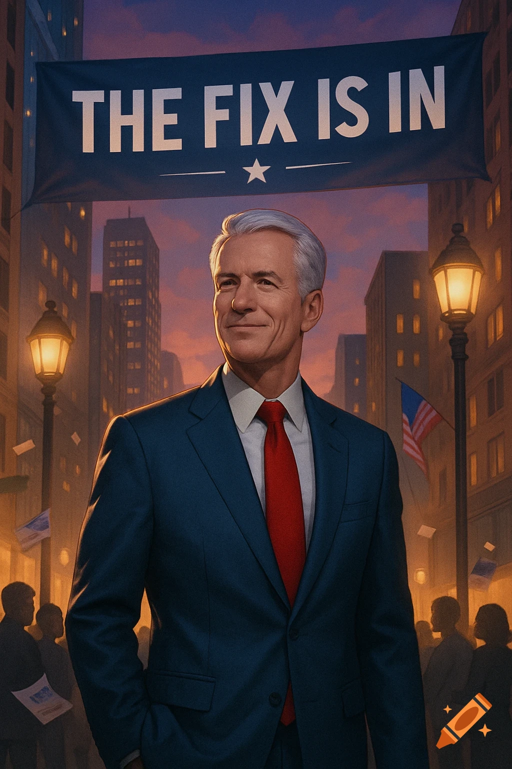 A man in a blue suit and red tie stands smiling under a banner reading 'THE FIX IS IN' in a city street at dusk, with people in the background.