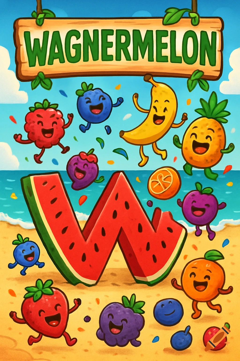 Vibrant cartoon poster for 'WAGNERMELON' ice cream. A watermelon 'W' sits on a beach with dancing fruits and a sign.