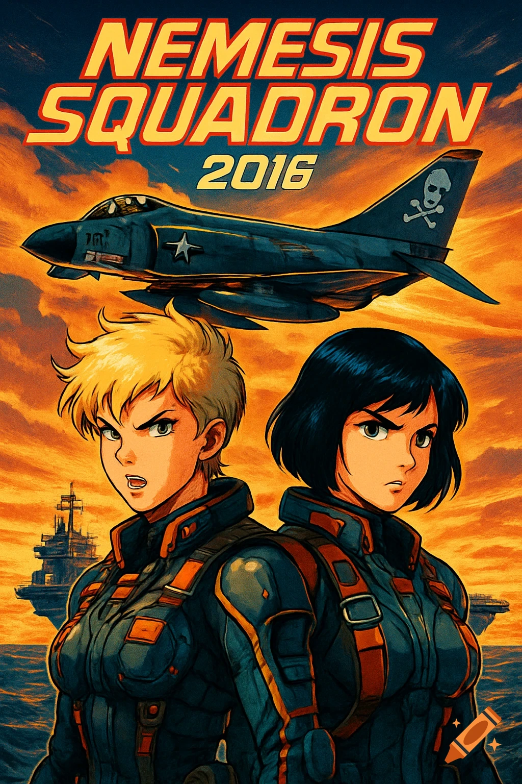 Retro anime movie poster featuring two female fighter pilots, an F-4 Phantom jet, and an aircraft carrier, with 'NEMESIS SQUADRON 2016' text.