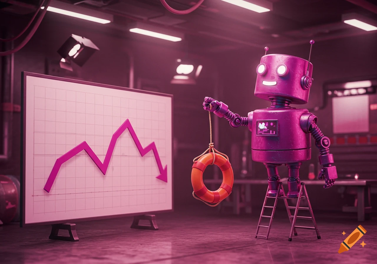 A magenta robot on a ladder holds a lifebuoy next to a chart with a declining pink line, in a workshop. Digital art.