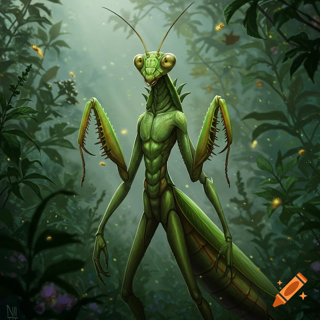 A realistic, bipedal humanoid praying mantis stands tall in a misty, glowing green jungle.