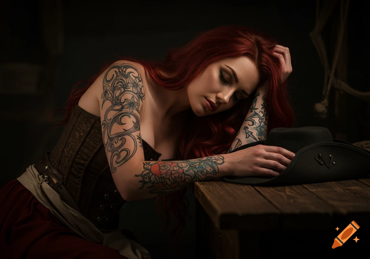 A red-haired woman with tattoos, wearing a pirate corset, resting her head on a wooden counter with a black tricorne hat.