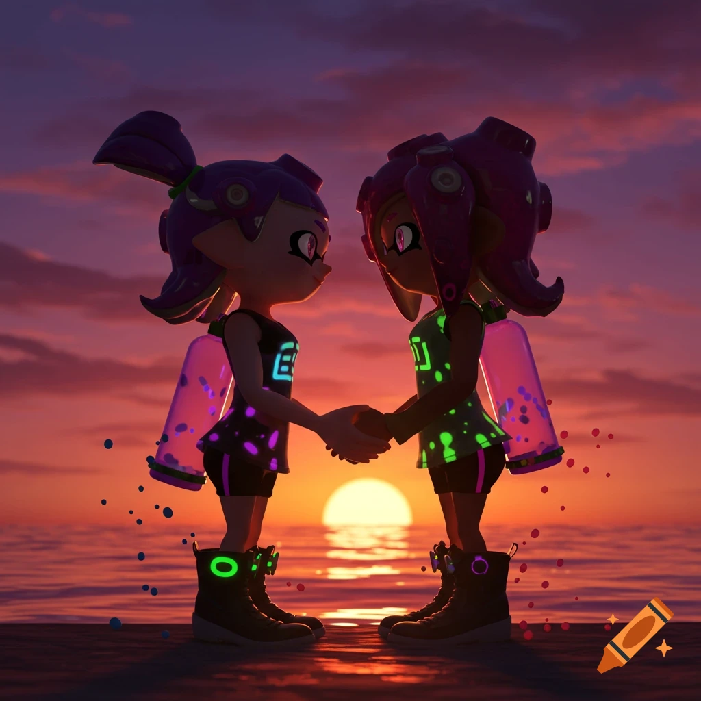 Two stylized Splatoon characters, an Inkling-Girl and an Octoling-Girl, hold hands at sunset by the water.