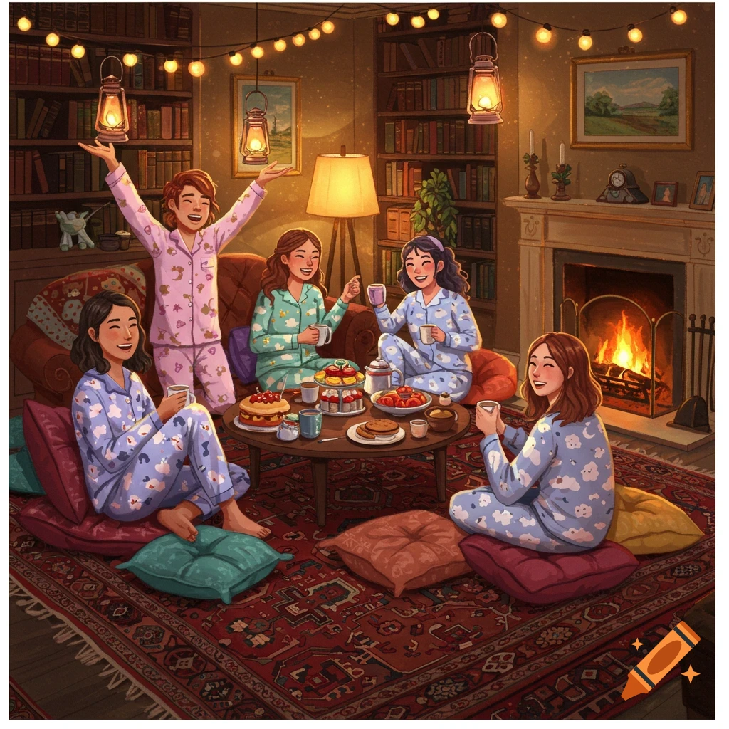 Five happy women in pajamas enjoying a cozy pajama party with snacks by a fireplace in a library room, illustration.