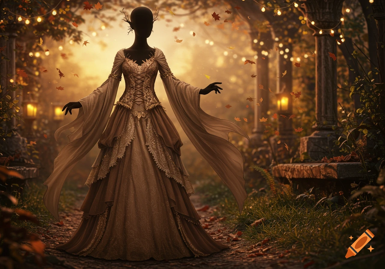 A silhouette figure in an elaborate brown and cream dress stands on an enchanted autumnal path with glowing lights and falling leaves.