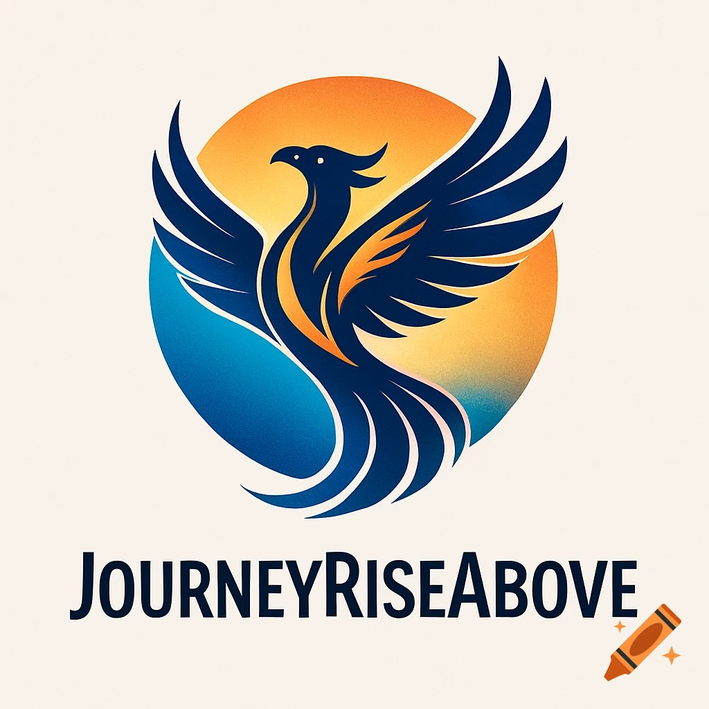 A stylized blue and orange phoenix logo rising from a blue semi-circle against an orange sun. Text 'JOURNEYRISEABOVE' below.