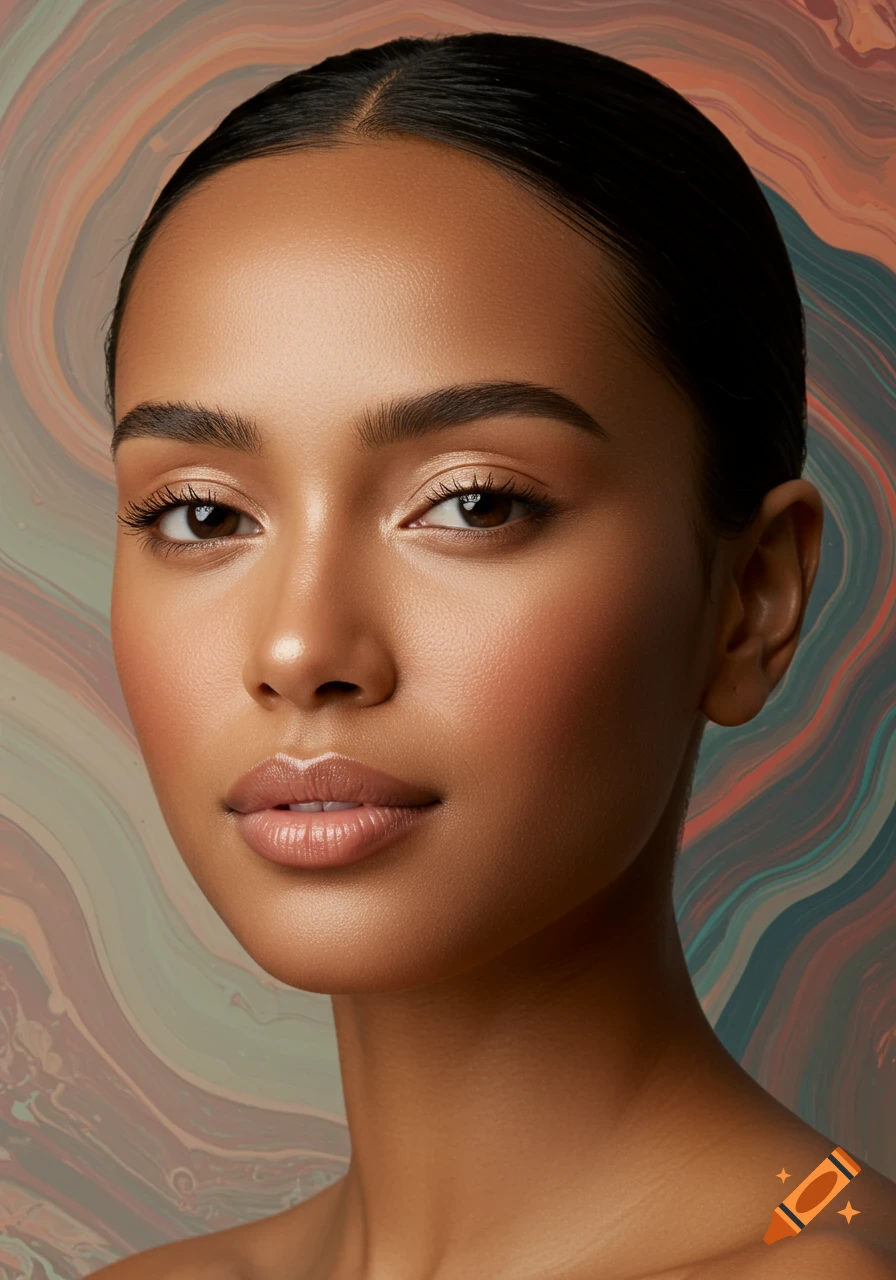 Photorealistic close-up portrait of a woman with flawless skin and dark hair, set against a swirling abstract background.