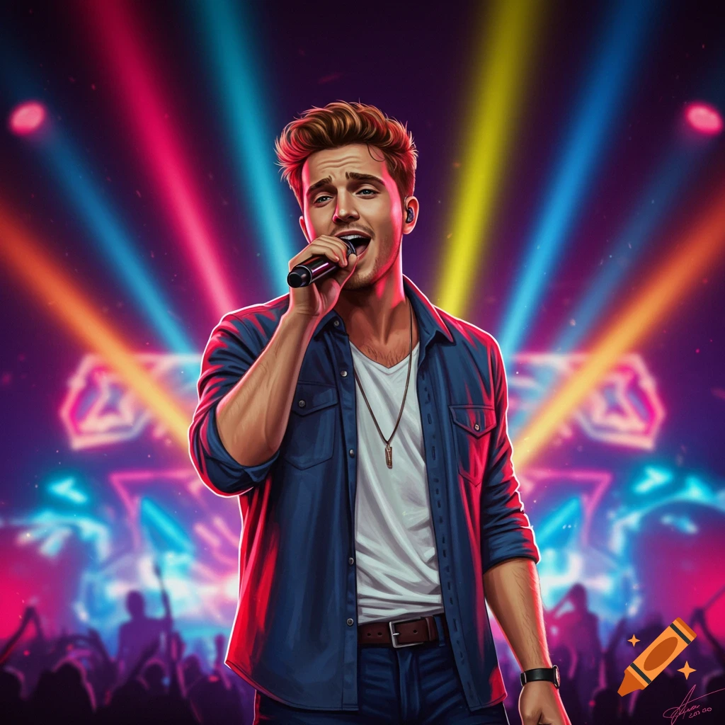 Illustrated man singing into a microphone on a stage with vibrant pink, blue, and yellow spotlights shining through a crowd.