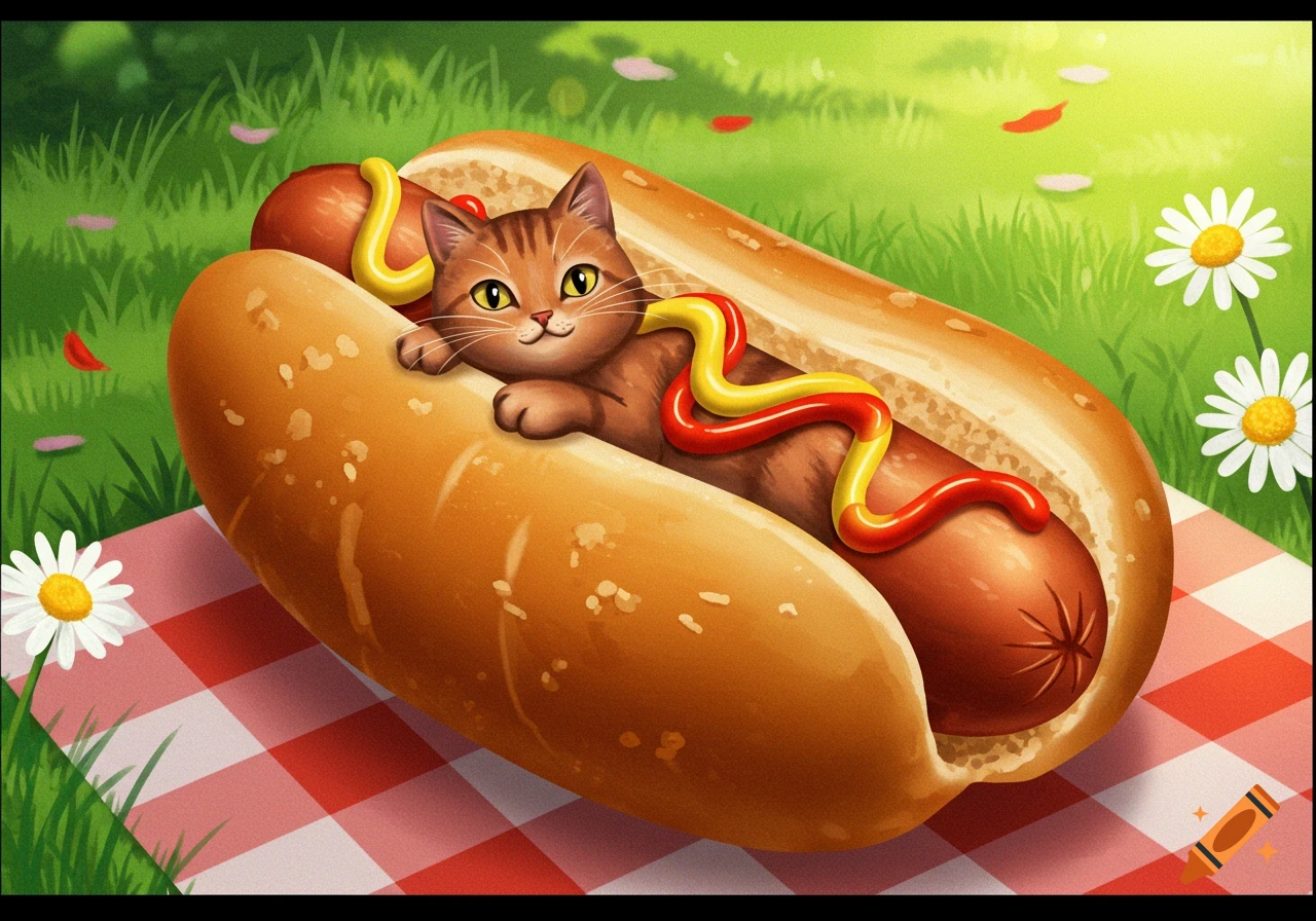 A cute cartoon cat lying in a hot dog bun with ketchup and mustard, on a red and white checkered blanket in a grassy field with daisies.