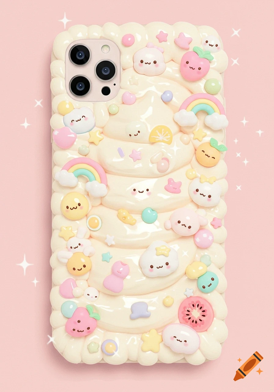 A phone case adorned with whipped cream-like texture and various colorful, cute kawaii decorations like stars, rainbows, and smiling faces.