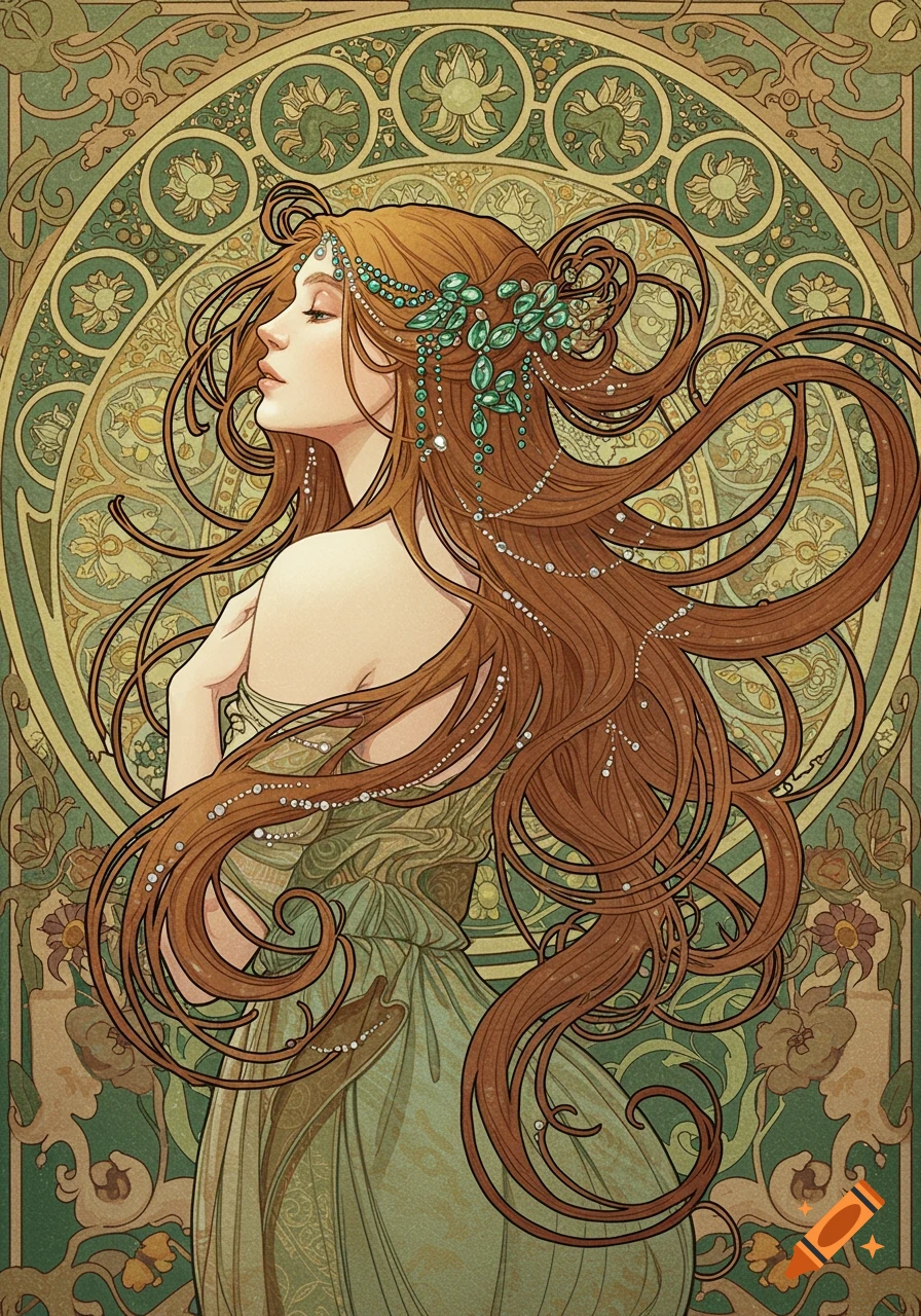 Art Nouveau illustration of a woman with long flowing reddish-brown hair adorned with green jewels, against an ornate green and gold background.