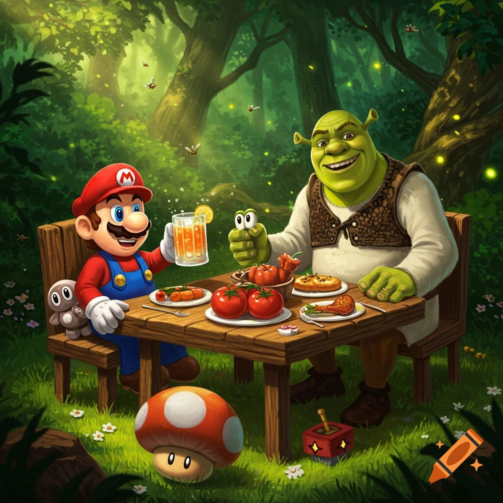 Super Mario and Shrek share a picnic lunch at a wooden table in a sunlit, vibrant forest.