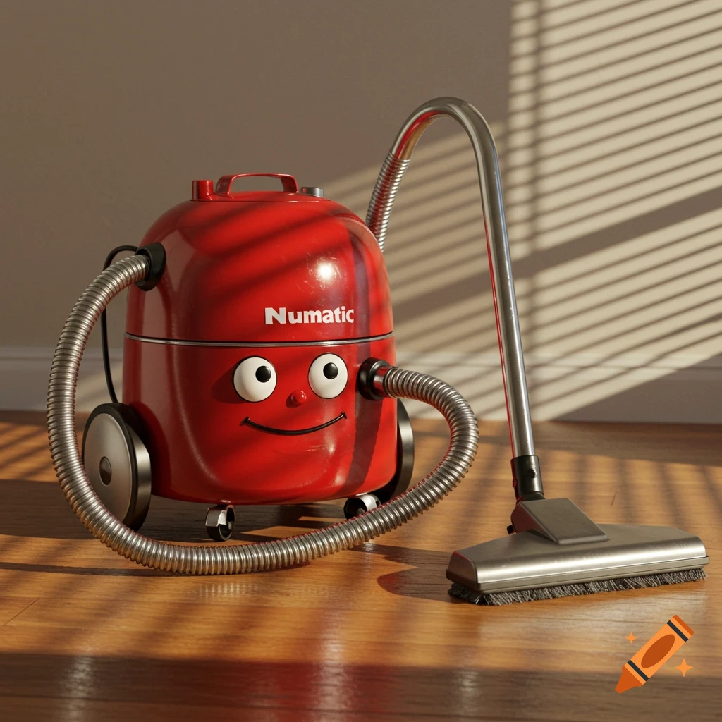 A friendly red Numatic vacuum cleaner with cartoon eyes and a smile, hose, and pipe on a wooden floor, with sunlight casting blind shadows.