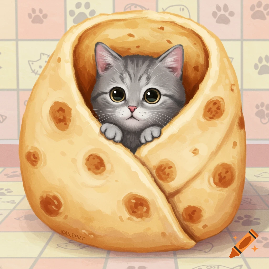 A cute grey tabby kitten with big eyes peeking out of a warm, golden-brown burrito, in a cartoon style, with paw prints in the background.