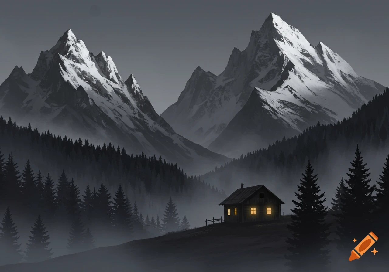 Digital painting of a lone cabin with glowing windows nestled in a foggy forest with snow-capped mountains in the background.
