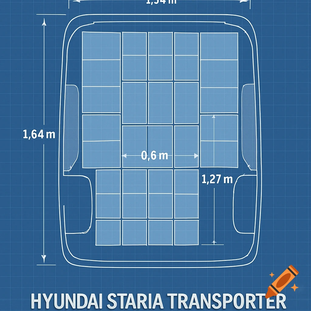 Top-down blueprint of a Hyundai Staria Transporter cargo area, showing dimensions and an arrangement of light blue boxes with white outlines.