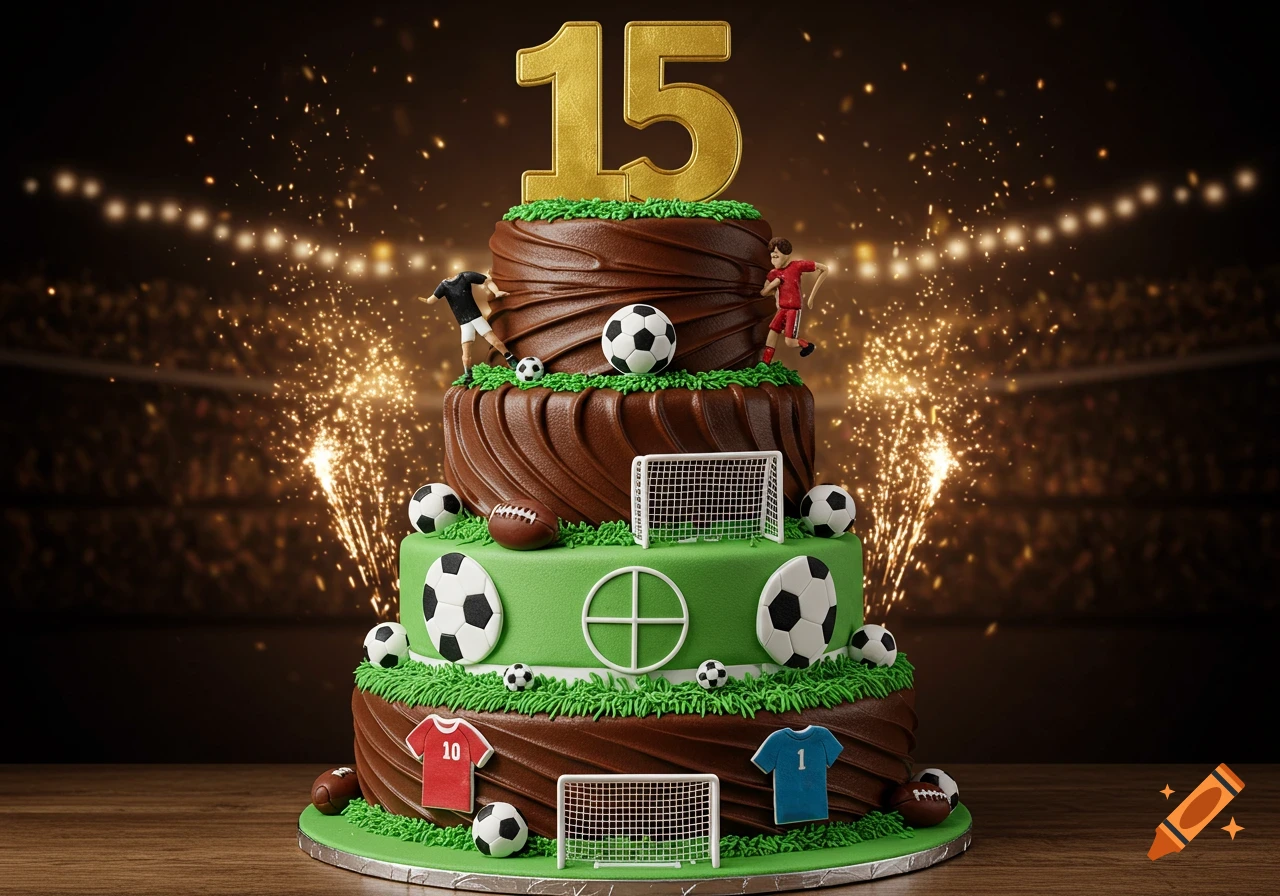 A vibrant multi-tiered football-themed birthday cake featuring '15', miniature players, and goalposts, with stadium lights and fireworks in the background.
