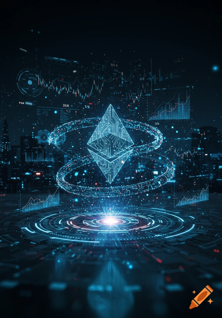 A glowing blue Ethereum logo at the center of a futuristic digital display, surrounded by circuit patterns and data visualizations, with a dark city skyline in the background. The scene is illuminated by a bright light from below the logo.