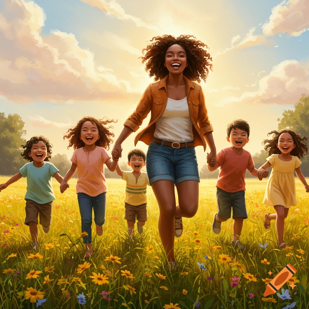 A woman and several children run happily through a sunny field filled with wildflowers, holding hands and smiling in an illustrated style.